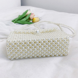 Pearls Hollow Pearl Decor Weave Bag Small Chanel Style Handheld Beach Bag