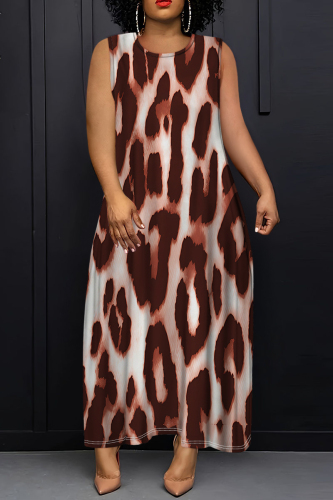 Brown Red Leopard Print Sleeveless O Neck Loose Vacation Casual Maxi Tank Dresses
