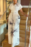 Pink Ombre Print V Neck Short Sleeve Vacation Casual Wide Leg Jumpsuits