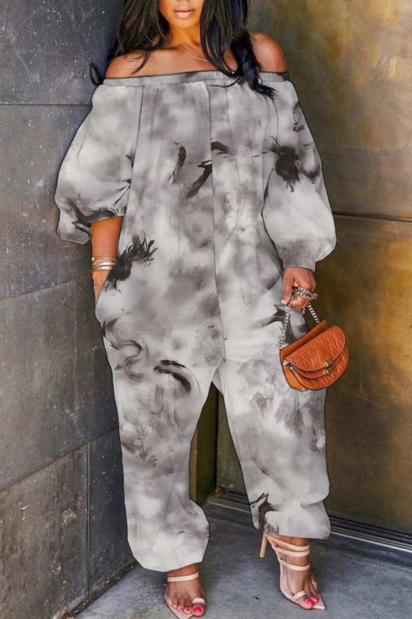 Dark Gray Ombre Print Off Shoulder Long Sleeve Pockets Casual Harem Jumpsuits