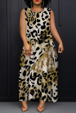 Brown Red Leopard Print Sleeveless O Neck Loose Vacation Casual Maxi Tank Dresses