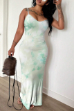 Light Green Ombre Floral Print Backless Sleeveless Spaghetti Strap Floor Length Long Baggy Vacation Maxi Slip Dresses