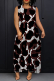 Brown Red Leopard Print Sleeveless O Neck Loose Vacation Casual Maxi Tank Dresses