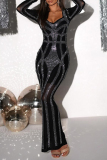 Black Hot Drilling Square Neck Slit Formal Evening Party Prom Bodycon Maxi Dresses