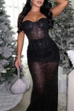 Black Sequins Sleeveless Backless Strapless See-Through Formal Evening Party Prom Bodycon Maxi Dresses