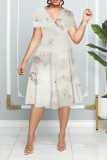 Khaki Ombre Print V Neck Short Sleeve Casual Vacation Midi T-shirt Dress