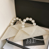 White Pearls Decor Knit Single Handbag Crossbody Beach Shoulder Bag