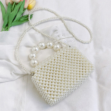 Pearls Hollow Pearl Decor Weave Bag Small Chanel Style Handheld Beach Bag