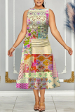 Light Purple Floral Print Sleeveless O Neck Casual Vacation Pleated Midi Tank Dresses