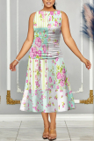 Light Purple Floral Print Sleeveless O Neck Casual Vacation Pleated Midi Tank Dresses