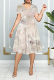 Khaki Ombre Print V Neck Short Sleeve Casual Vacation Midi T-shirt Dress