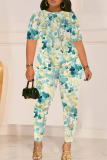 Apricot Graphics Print O Neck Short Sleeve T Shirt and Skinny Pants Casual Two Pieces Trouser Sets