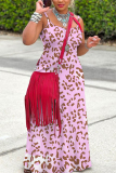 Pink Graphics Print Sleeveless Backless Spaghetti Strap Casual Vacation Loose Maxi Slip Dresses