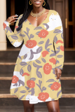Green Floral Print V Neck Long Sleeve Casual Vacation Midi Dresses