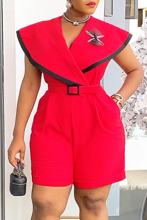 Red Zipper Turndown Collar Short Sleeve With Belt Formal Office Lady Casual Romper