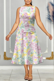 Light Purple Floral Print Sleeveless O Neck Casual Vacation Pleated Midi Tank Dresses