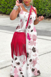 Pink Graphics Print Sleeveless Backless Spaghetti Strap Casual Vacation Loose Maxi Slip Dresses