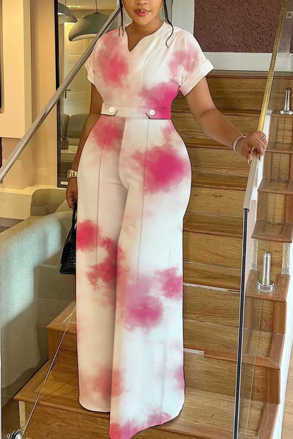 Pink Ombre Print V Neck Short Sleeve Vacation Casual Wide Leg Jumpsuits