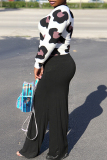 Black Graphics Print Oblique Collar Long Sleeve Tops And Wide Leg Pants Formal Office Lady Casual Two Pieces Trouser Sets
