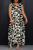 Brown Red Leopard Print Sleeveless O Neck Loose Vacation Casual Maxi Tank Dresses