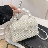 Pearls Hollow Pearl Decor Weave Bag Small Chanel Style Handheld Beach Bag