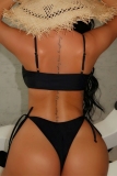 Black Metal Accessories Trim Backless Sleeveless Lace Up Bra And Mini Shorts Bikini Sets Beach Vacation Swimwears(With Paddings)