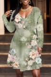 Green Floral Print V Neck Long Sleeve Casual Vacation Midi Dresses