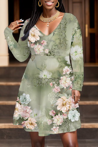 Green Floral Print V Neck Long Sleeve Casual Vacation Midi Dresses
