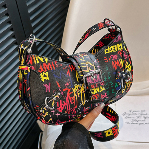 Color Graffiti Letter Print Zipper Casual Crossbody Bags