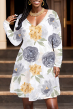 Green Floral Print V Neck Long Sleeve Casual Vacation Midi Dresses