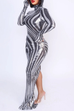 Black White Sequins Hooded Long Sleeve Slit Formal Evening Party Prom Bodycon Maxi Dresses
