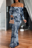 Blue Faux Denim Print Ruffle Sleeve Off Shoulder Flounce Loose Fit Casual Outing Plus Size Maxi Dress