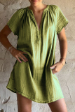 Rose Red V Neck Short Sleeve Ruched Casual Loose Vacation Cotton Mini Dress
