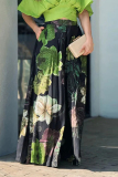 Green V Neck Short Sleeve Crop Tops and Floral Maxi Skirt Vacation Casual Two Pieces Dress Sets
