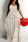Blue Geometric Print Sleeveless O Neck Casual Vacation Baggy Loose Sundress Maxi Slip Dresses