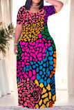 Stripe Graffiti Print O Neck Short Sleeve Pocket Loose Floor Length Casual Plus Size Maxi T-shirt Dresses