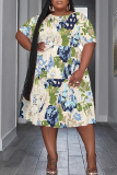 Apricot Floral Print O Neck Short Sleeve Ruffle Hem Casual Vacation Midi Dress