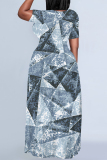 Black White Geometric Print O Neck Short Sleeve Pocket Loose Floor Length Casual Plus Size Maxi T-shirt Dresses