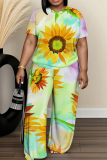 Green Graphics Print O Neck Short Sleeve T-shirt And Wide Leg Pants Vacation Casual Two Pieces Trouser Sets