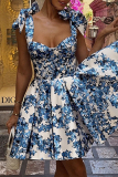 Blue Floral Print Sleeveless V Neck Lace Up Vacation A Line Pleated Mini Slip Dresses