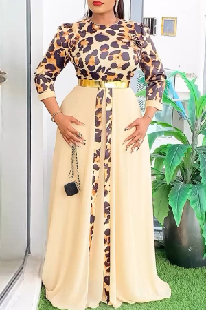 Apricot Leopard Print O Neck Casual Formal Evening Party Prom Pleated Maxi Dresses (Without Belt)