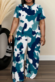 Blue Graphics Print Round Neck Short Sleeve T-shirt and Wide Leg Pants Two Pieces Trouser Sets