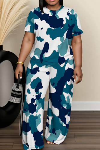 Blue Graphics Print Round Neck Short Sleeve T-shirt and Wide Leg Pants Two Pieces Trouser Sets