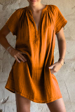 Rose Red V Neck Short Sleeve Ruched Casual Loose Vacation Cotton Mini Dress