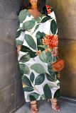 Yellow Floral Print V Neck Long Sleeve Pocket Casual Outing Straight Loose Plus Size Maxi Dress
