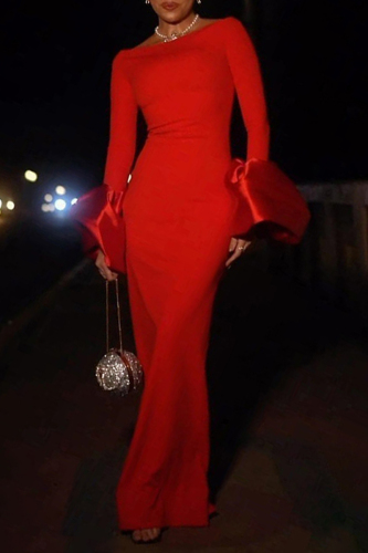 Red Off Shoulder Flare Sleeve Backless Formal Evening Party Prom Wedding Guest Bodycon Maxi Dresses