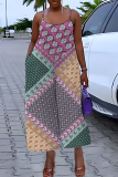 Army Green Graphics Print Backless Sleeveless Spaghetti Strap Casual Vacation Wide Leg Cami Jumpsuits