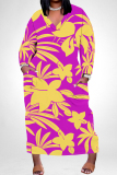 Yellow Floral Print V Neck Long Sleeve Pocket Casual Outing Straight Loose Plus Size Maxi Dress