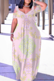 Purple Floral Print V Neck Cold Shoulder Hollow Out Casual Loose Plus Size Maxi Dresses