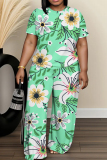 Purple Floral Print O Neck Short Sleeve T-shirt And Wide Leg Pants Vacation Casual Two Pieces Trouser Sets